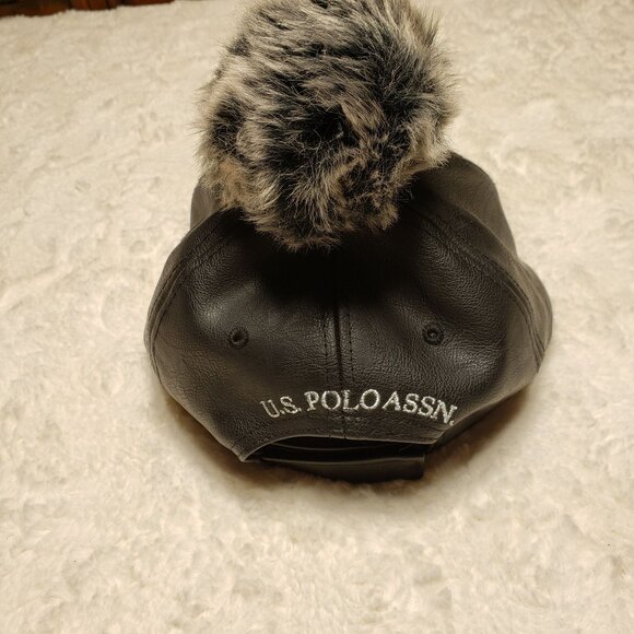 Vtg Y2K U.S. Polo Assn Black Faux Leather Cap Hat Pom Pom Adjustable Strap - Picture 3 of 6